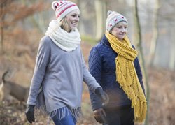 two people hiking in hats, gloves and scarves