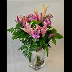 Purple Flowers in Square Vase